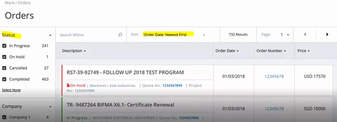 进入订单界面，您可以通过 “Status” 或 “Order Date” 进行筛选